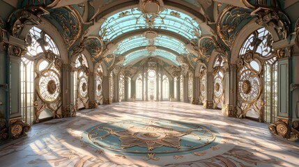 Obraz premium Elegant Wide Foyer with Inlaid Mosaic Flooring and Decorative Details
