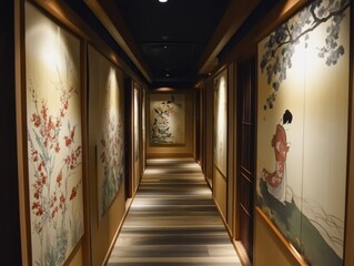 Hallway with japanese style artwork and patterned flooring design