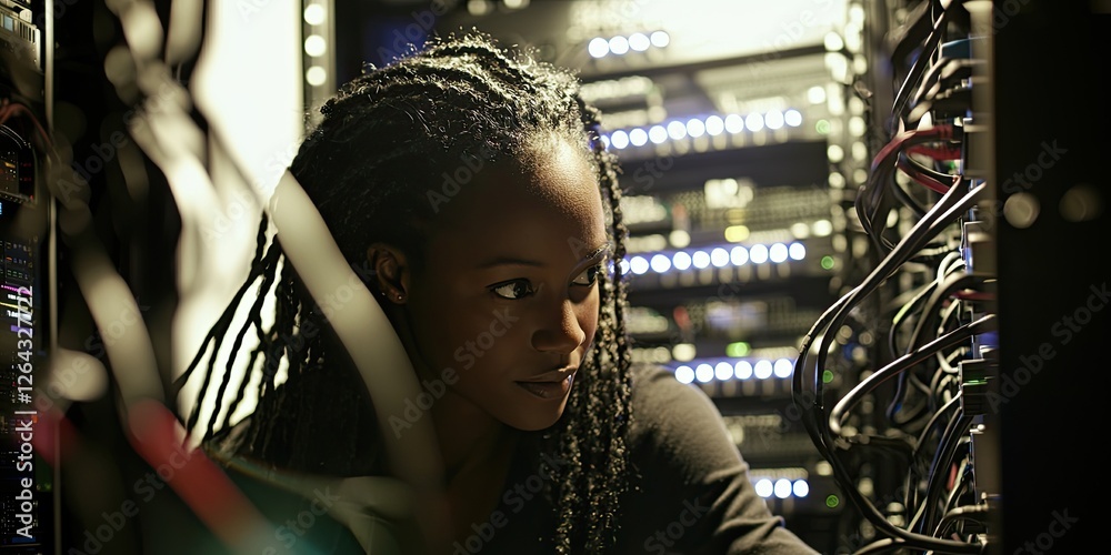 Aufkleber medium shot of a woman working in a server room, adjusting cables with a determined expression, surr