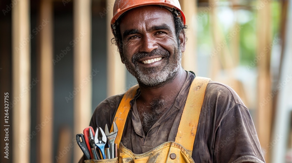 Poster portrait photography features a man holding a toolbelt at a building site, displaying a confident sm