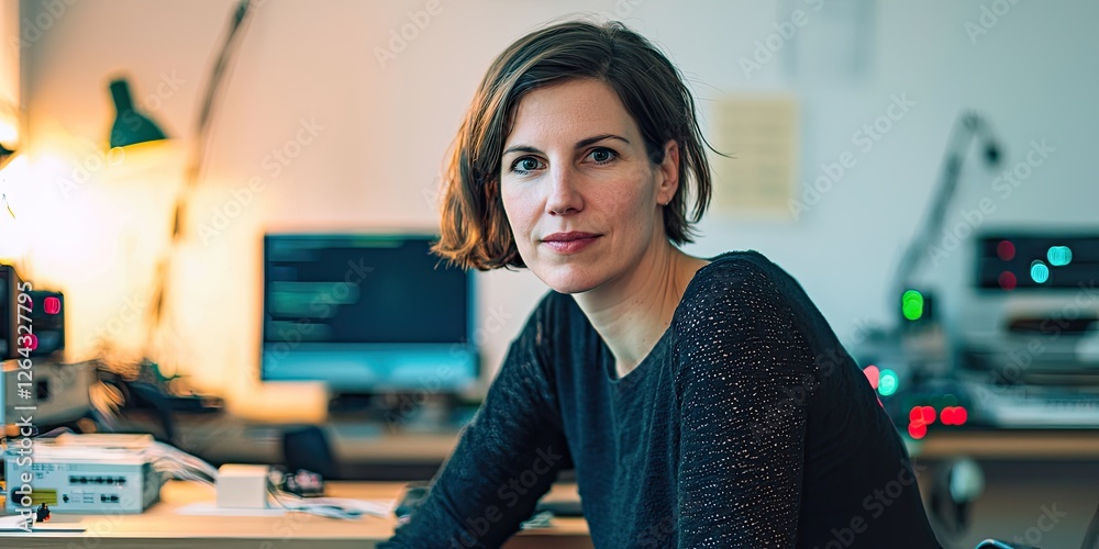 Poster Portrait of a woman debugging software in a cozy office, her calm and focused demeanor complementing the backdrop of neatly arranged tech equipment, creating a relaxed ye
