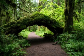 Obraz premium Hiking trail through lush forest with moss covered fallen tree creating arch