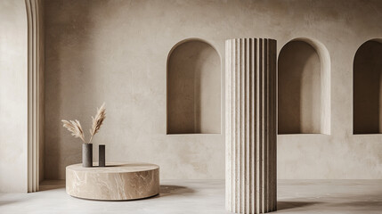 Marble column with fluted shaft stands against arch curved gallery niches in wall. Realistic 3d classical pedestal with round top platform. Minimalist space design for luxury display presentation.