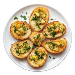 Plate of Garlic Bread and herb top view isolated on transparent white background, clipping path