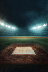 A wide-angle view of an empty baseball stadium at night, illuminated by bright lights. The background is dark and moody with subtle smoke effects