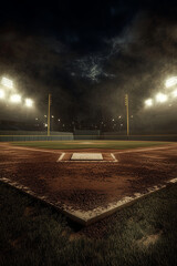 A wide-angle view of an empty baseball stadium at night, illuminated by bright lights. The background is dark and moody with subtle smoke effects