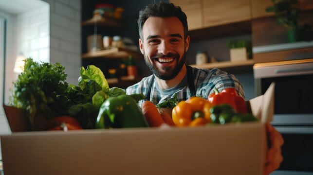A smiling man holds a box filled with fresh vegetables in a bright kitchen, showcasing a healthy lifestyle and the importance of eating fresh produce.