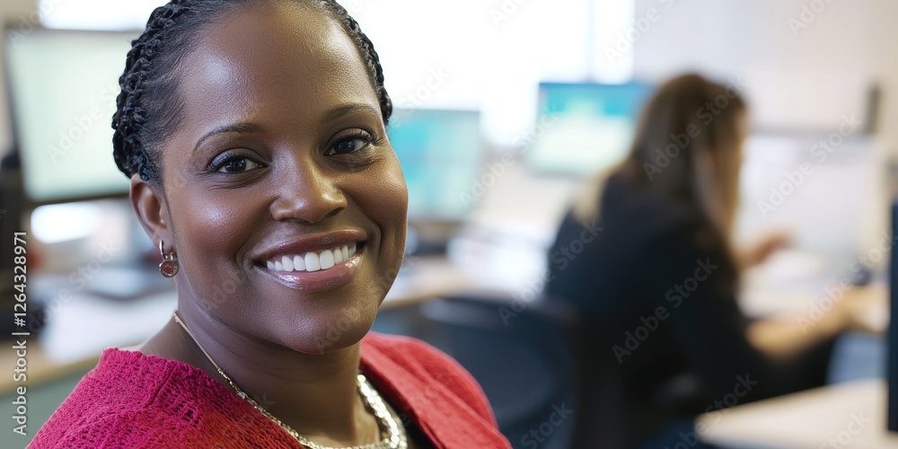 Poster portrait of a woman smiling warmly while showcasing new software features to her team, her encouragi