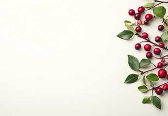 Fototapeta premium Vibrant Red Cranberries & Lush Green Leaves on White