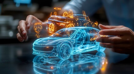 Close up view of human hands interactively manipulating a holographic display of electric vehicle prototypes showcasing the future of sustainable and innovative automotive technology