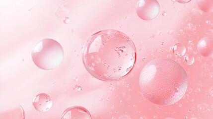 Pink background with collagen cell pattern for skin care concept. Realistic 3d vector illustration with oil ball drop and liquid cosmetic sphere with molecule inside. Face and body moisture essence.