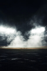 A scene of darkness and smoke in the background of an empty baseball stadium with lights on. The scene is set at night, creating a dramatic atmosphere.