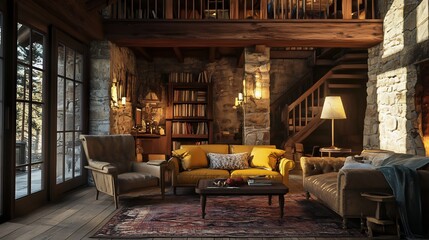 Rustic Mountain Cabin Living Room: Warm, inviting, and cozy interior design