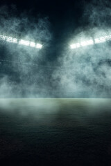 A scene of darkness and smoke in the background of an empty baseball stadium with lights on. The scene is set at night, creating a dramatic atmosphere.