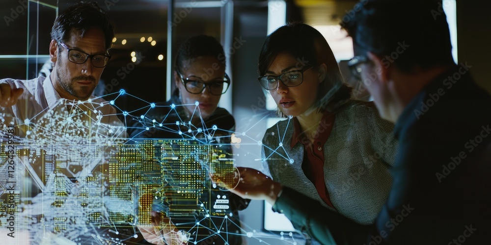 Poster wide shot of a woman guiding her team through network diagrams, explaining each component clearly, h