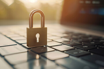 Digital Padlock Hovering Over Laptop Keyboard Symbolizing Cybersecurity and Data Protection in a Modern Technology Environment