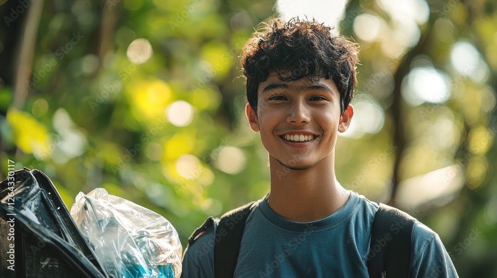 Poster portrait shot of a smiling teenager with a garbage picker in an urban park, reflecting pride and opt