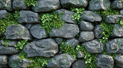 Fototapeta premium Textured stone wall covered with vibrant green plants, showcasing nature's resilience and beauty