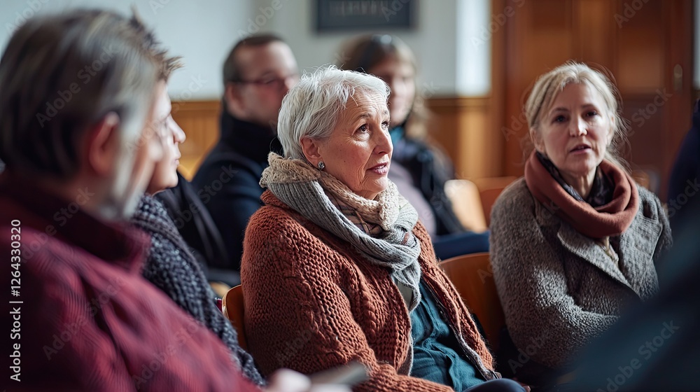 Poster documentary-style shot of a discussion group in a town hall, highlighting engaged expressions in a w