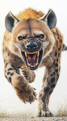 A realistic colored pencil drawing of an angry hyena running towards the viewer,