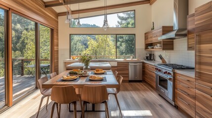 Modern kitchen with wood accents and expansive windows offering stunning views. Ideal for showcasing design, real estate, or lifestyle concepts.