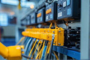 Closeup of Control Panel with Yellow Motor and Wires in Industrial Setting, Blue and Yellow Color Scheme.