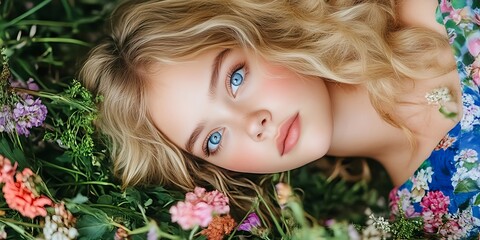 Naklejka premium Serene blonde rests amidst vibrant blooms, a captivating portrait of youthful beauty.