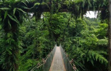 Suspension Bridge Amid Lush Green Forest Canopy, with Rope Construction Between Twisted Tree Branches  Serene Natural Setting