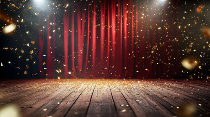 Empty red curtain stage with golden confetti falling on wooden floor with spotlight. Theater, opera scene with drape, concert or cinema grand opening realistic vector portiere for ceremony performance