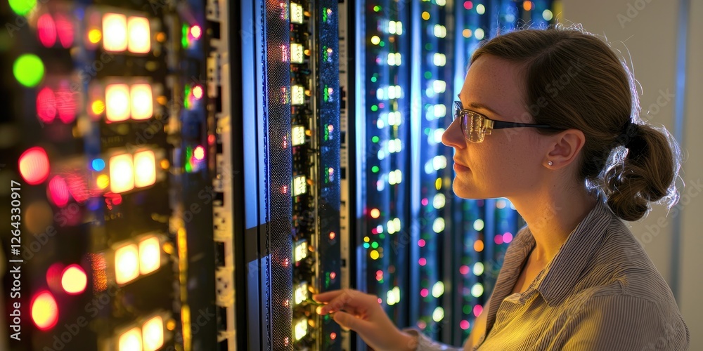 Aufkleber medium shot of a woman inspecting server configurations in a data center, her calm and serious expre