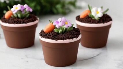 Chocolate Frosted Flower Pots on Marble Surface with Fondant Flowers and Carrot Decor