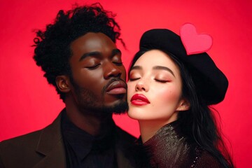 Fototapeta premium Valentine's day, lovers couple: remarkable dazzling, image of loving mixed-race adult lovers. Sign of love and affection. Commercial ad campaign visual idea. Couple close-up. Romantic moment.