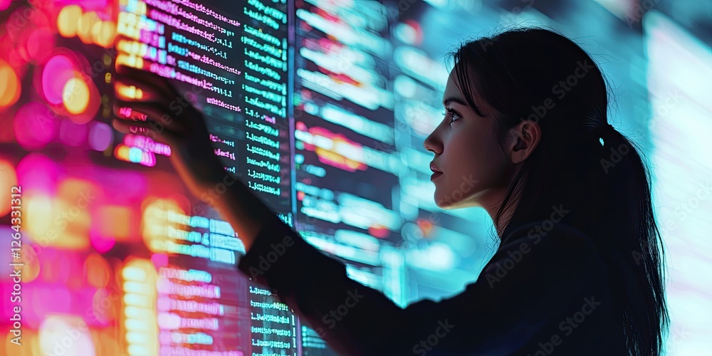 Poster Portrait of a woman explaining coding logic to her team, her focused gestures directed toward a screen displaying code, creating a productive and friendly environment.