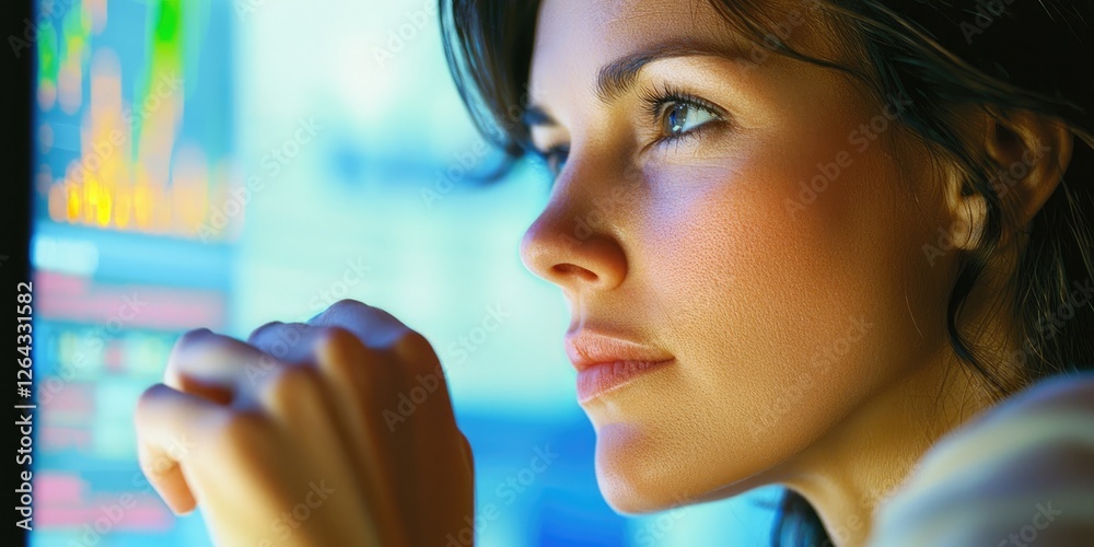 Poster a close-up of a woman reviewing financial reports on a computer screen, her thoughtful expression se