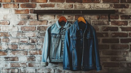 Fototapeta premium Denim jackets hanging against a rustic brick wall with space for creative text and branding ideas. Generative AI