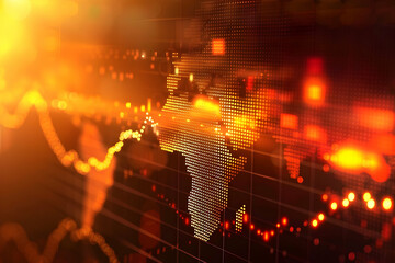 Abstract representation of a glowing world map with financial data trends, highlighting Africa, during sunset