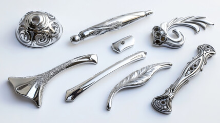 Metal door handles for room interior in office or home. Vector realistic set of modern chrome lever handles in different shapes and long door pulls isolated on transparent background
