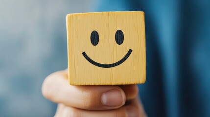 Hand Holding Yellow Block with Smiley Face Showing Positive Emotion