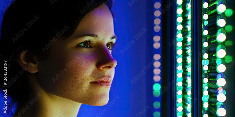 Poster portrait of a woman analyzing server logs on her computer, her thoughtful expression illuminated by 