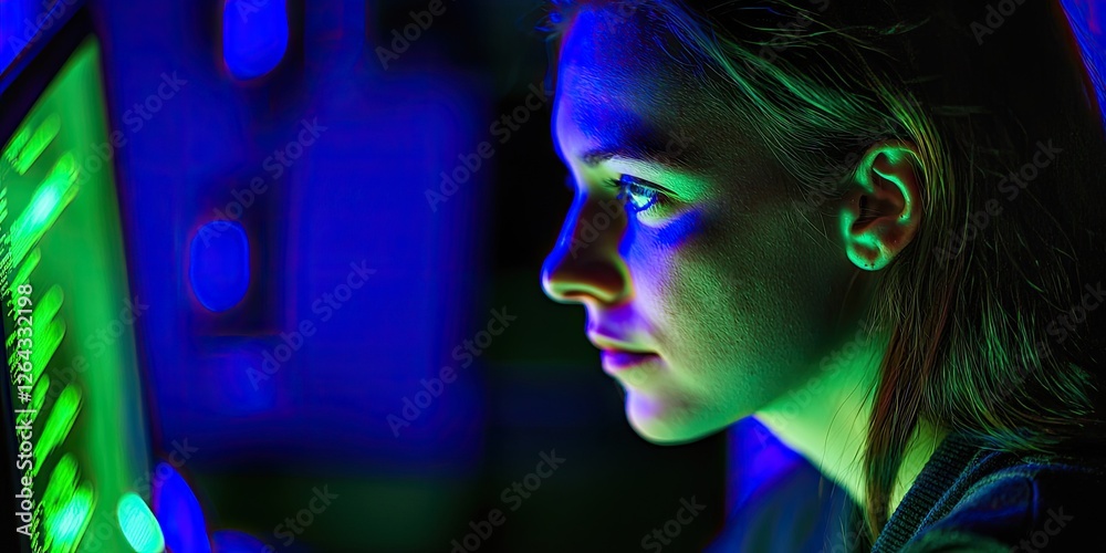 Poster portrait of a woman analyzing server logs on her computer, her thoughtful expression illuminated by 