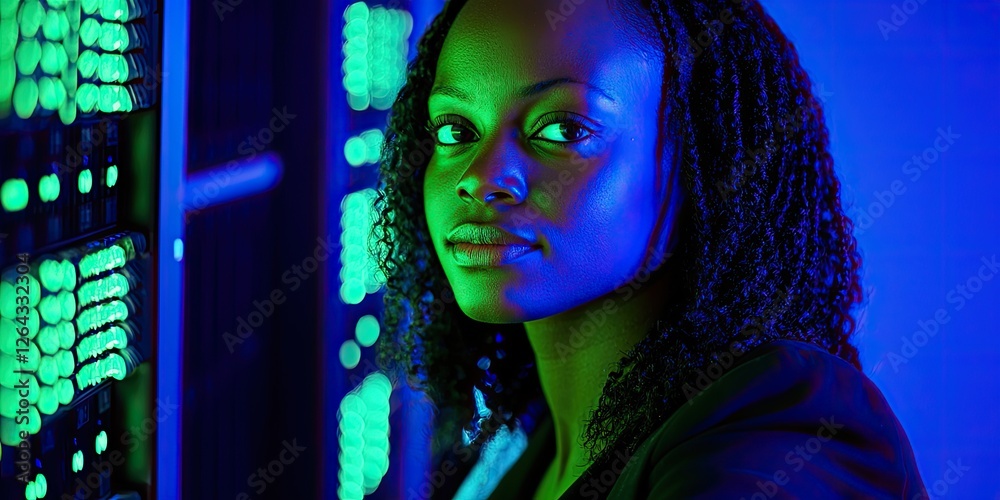 Poster portrait of a woman analyzing server logs on her computer, her thoughtful expression illuminated by 