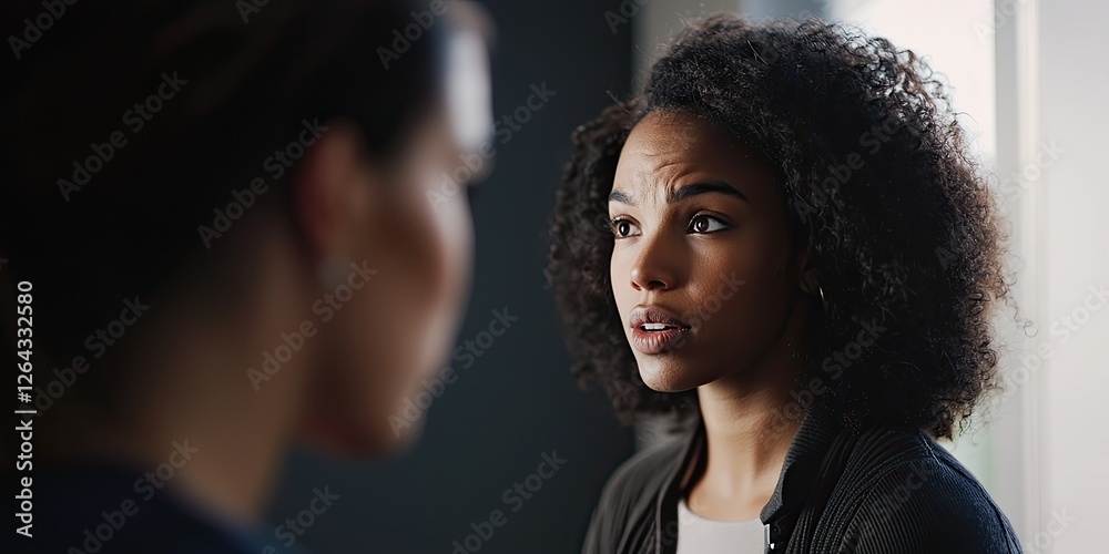 Poster portrait of a woman discussing cybersecurity measures with a colleague, both focused on a digital se