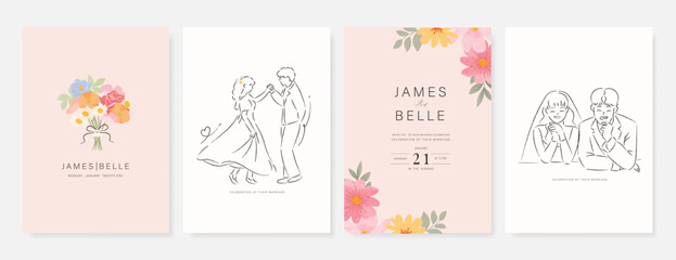 Elegant wedding invitation card background vector. Minimal hand drawn bride and groom in watercolor botanical flowers texture. Design for wedding, vip cover template, rsvp modern card, poster.