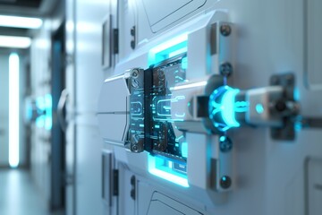 Futuristic Security System with Holographic Interface and Advanced Technology in a High-Tech Environment