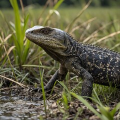 Fototapeta premium Stealthy Pursuit: Monitor Lizard Navigating Tall Grass by the Riverbank