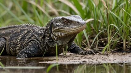 Obraz premium Monitor Lizard Stalking Through Tall Grass Near Riverbank, Claws Digging into Soil