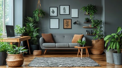 Modern living room with plants, cozy furniture, and decorative frames in a stylish interior