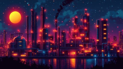 Obraz premium Vibrant Industrial Landscape at Night with Bright Lights and Smokestacks Against a Starry Sky and a Large Orange Sun Setting in the Background