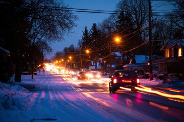 Obraz premium Cars drive down snowy street at dusk with lit houses for winter holiday use
