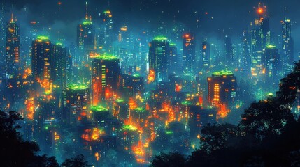 Fototapeta premium Vibrant Nighttime Cityscape with Colorful Lights, Skyscrapers, and Lush Greenery Set Against a Dark Blue Sky in a Modern Urban Environment